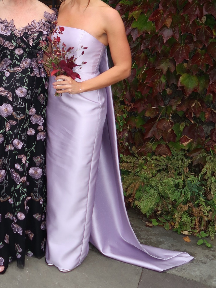 Dessy Group Strapless Lilac Haze Satin Column Dress With Removable Train, Size 4